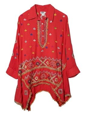 Pong Poco LTD. Fire Orange Embroidered  Asymmetric Tunic‎ Top Cotton Medium